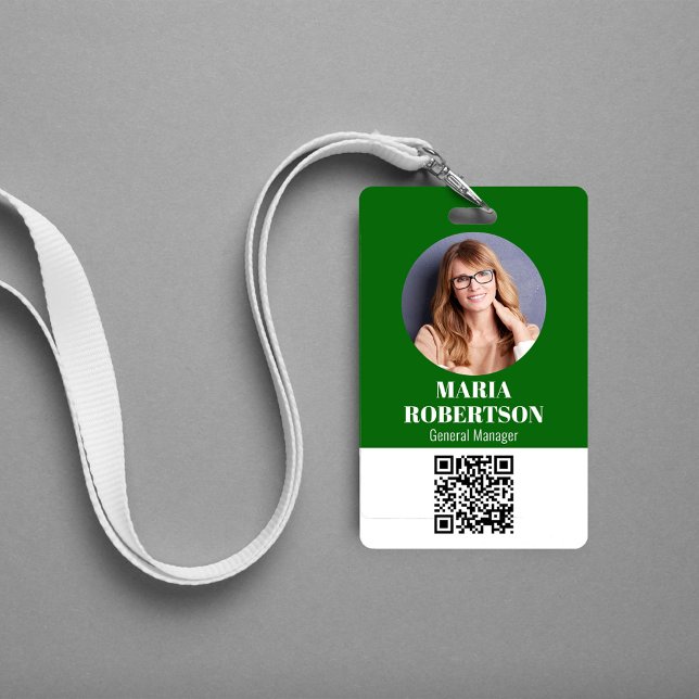 Employee Name Badge Minimalist Photo QR Code Green (Simple business ID badge with a scannable QR code. )