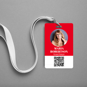 Employee Name Badge Minimalist Photo QR Code Red