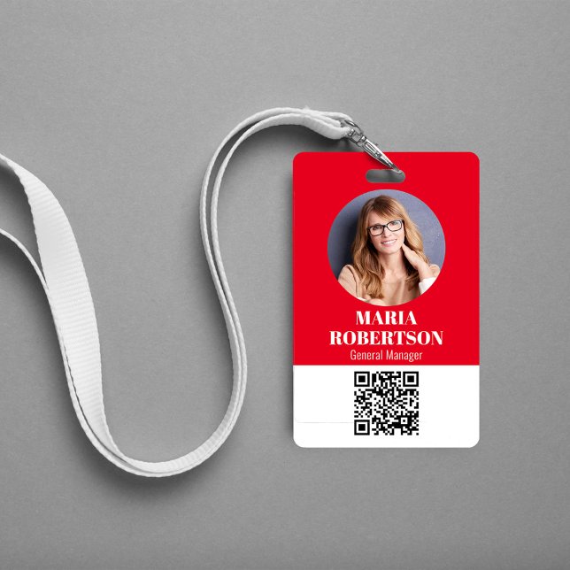 Employee Name Badge Minimalist Photo QR Code Red (Simple business ID badge with a scannable QR code. )