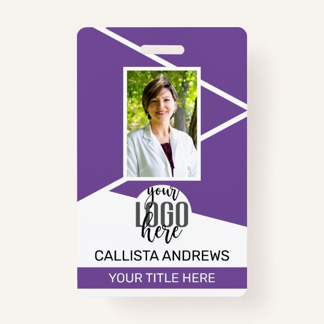 Employee Name Title Barcode Logo Purple Geo ID Badge (Front)
