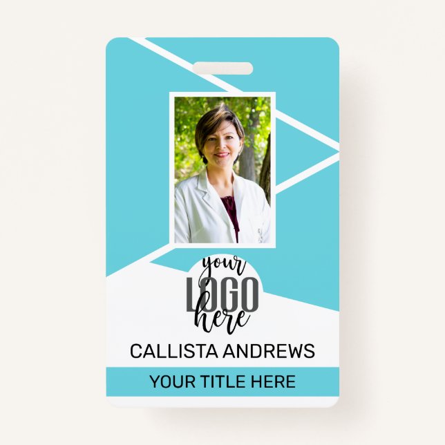 Employee Name Title Barcode Logo Teal Geo ID Badge (Front)