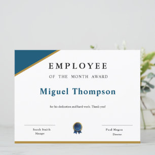 Employee of the month award certificate card