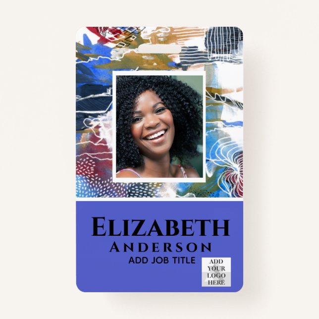 EMPLOYEE PHOTO BADGE QR Code Barcode Abstract Blue (Front)