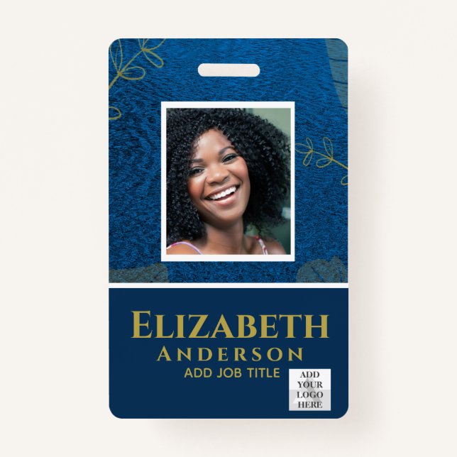 EMPLOYEE PHOTO BADGE QR Code Barcode Blue Gold (Front)