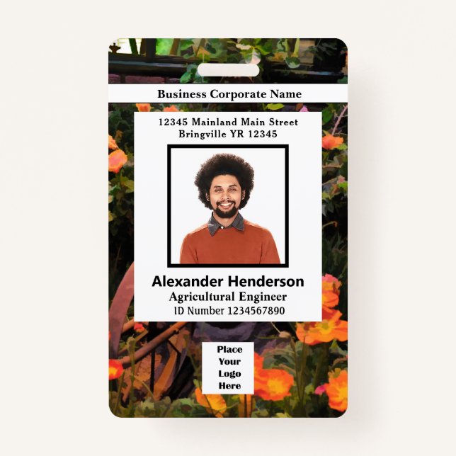 Employee Photo Bar Code Logo Name Flowers Badge (Front)