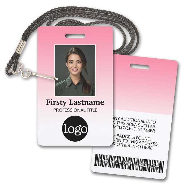 Employee - Photo, Bar Code, Logo, Name Gradient Badge (Employee Badge with Gradient Background. Add a photo and logo to this name tag with pink accents.)
