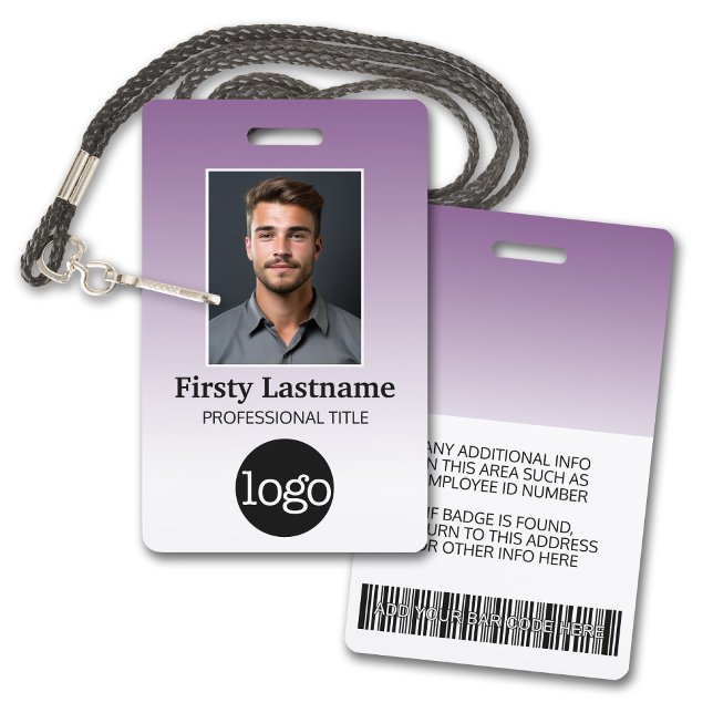 Employee - Photo, Bar Code, Logo, Name Gradient Badge (Employee Badge with Gradient Background. Add a photo and logo to this name tag with purple accents.)