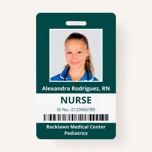 Employee Photo Barcode Blue-Green White Medical ID Badge (Front)