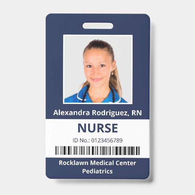 Employee Photo Barcode Navy Blue White Medical ID Badge (Front)