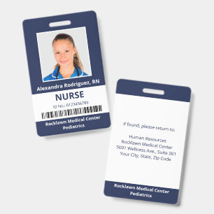 Employee Photo Barcode Navy Blue White Medical ID Badge