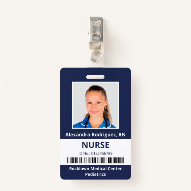 Employee Photo Barcode Navy Blue White Medical ID Badge (Front with Clip)