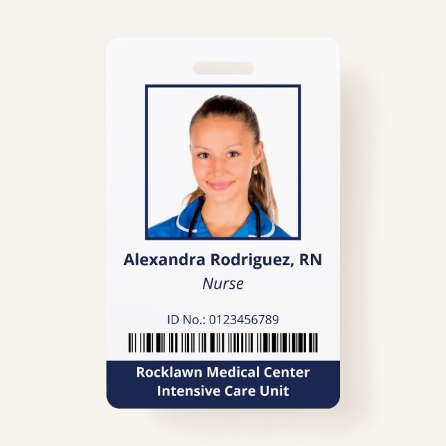Employee Photo Barcode White Blue Hospital ID Badge (Front)