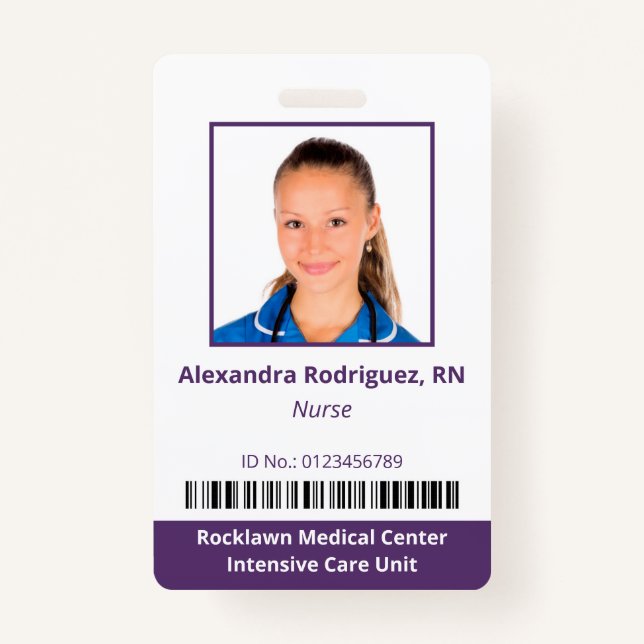Employee Photo Barcode White Purple Hospital ID Badge (Front)