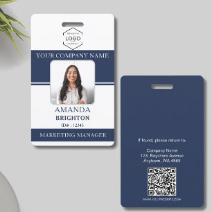 Employee Photo Business Logo QR Code Blue White  Badge
