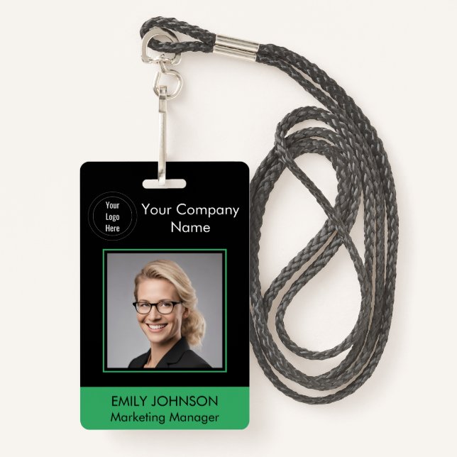 Employee Photo ID Badge | Black & Green | QR Code (Front with Lanyard)