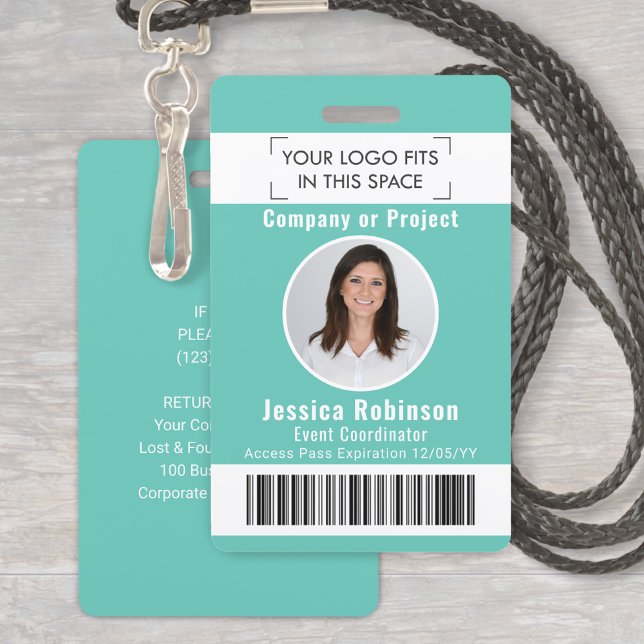 Employee Photo ID Barcode Logo Teal Access Pass Badge (Creator Uploaded)