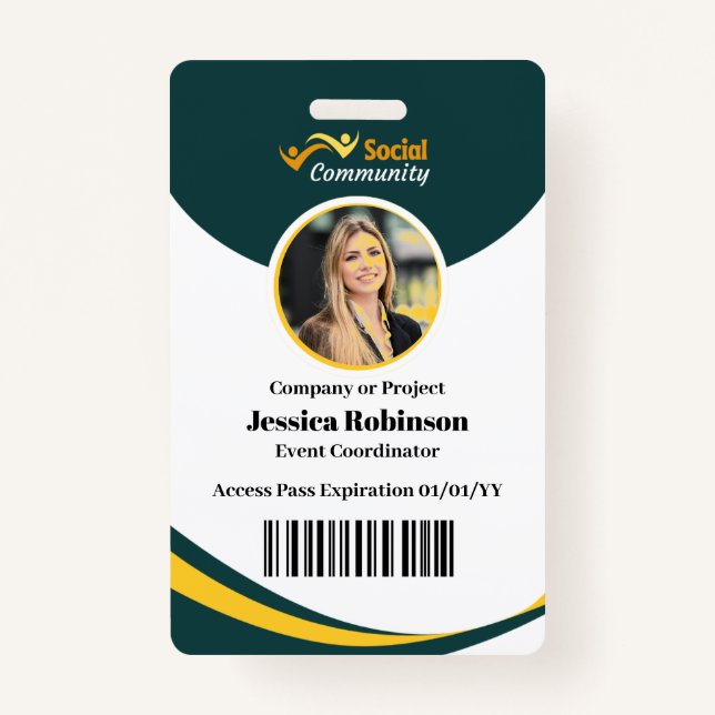 Employee Photo ID Barcode Modern Green Access Badge (Front)