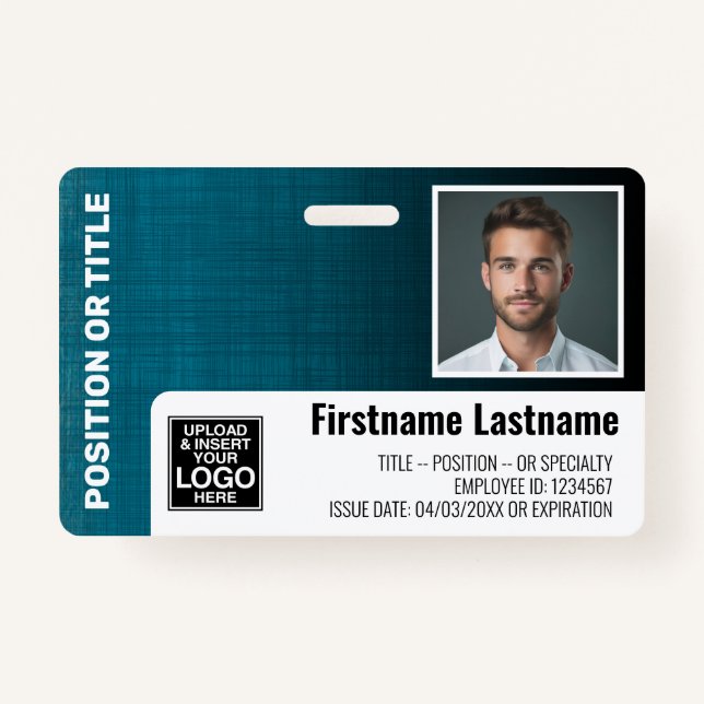 Employee Photo ID logo bar code modern linen blue Badge (Front)