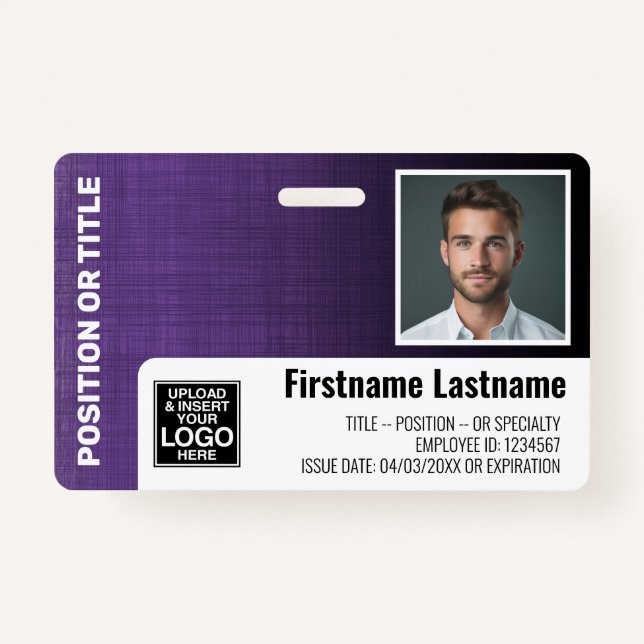 Employee Photo ID logo barcode modern linen purple Badge (Front)