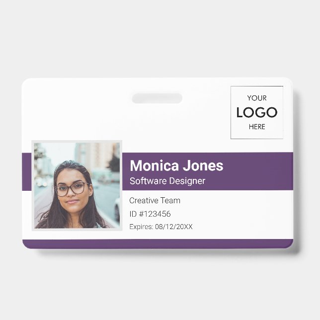 Employee Photo ID Logo QR Code Purple Badge (Front)