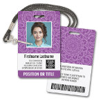 Employee Photo ID - modern mandala, logo, bar code Badge<br><div class="desc">Purple Orchid and White Mandala Pattern - A modern business design that highlights your office logos and employee name. This trendy office design also includes a badge ID number, expiration date and nurse or or other title. BACK: You can add a scan bar code on the back and a place...</div>