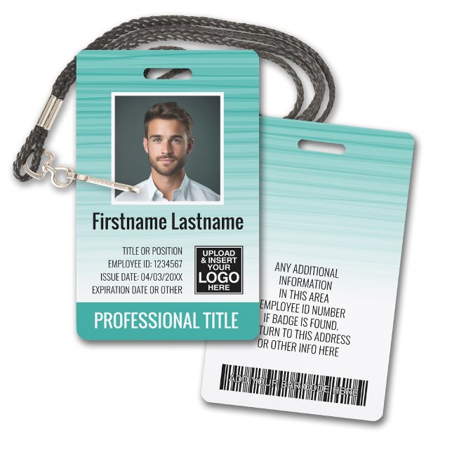 Employee Photo ID - modern stripes, logo, bar code Badge (Plastic ID Badge - Customize with Employee Photo and Credentials. Teal Gradient Pattern Accents)