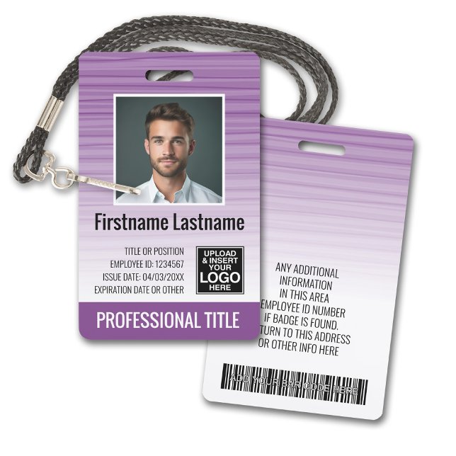 Employee Photo ID - modern stripes, logo, bar code Badge (Plastic ID Badge - Customize with Employee Photo and Credentials. Blue Gradient Pattern Accents)