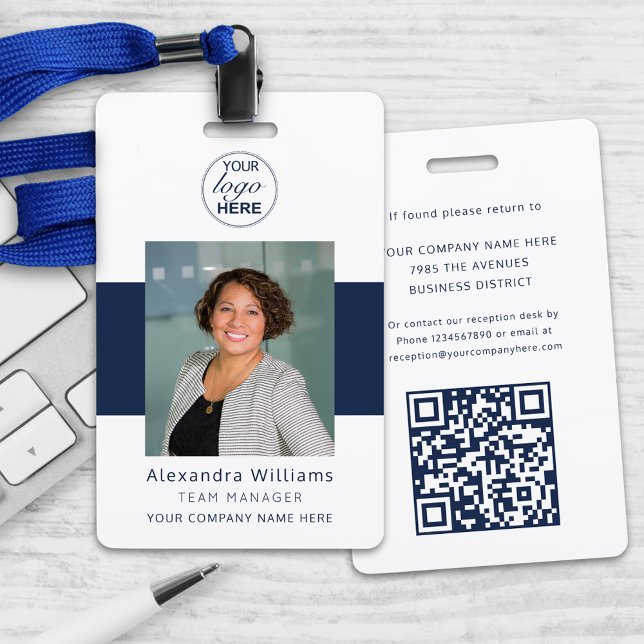 Employee Photo ID Your Logo Here QR Code Security Badge (Navy blue and white custom employee photo id company logo and qr code scan security badge lanyard)