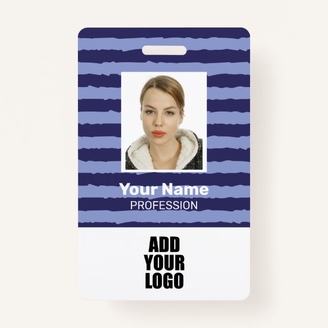 Employee Photo Logo & Barcode Blue Stripes Badge (Front)