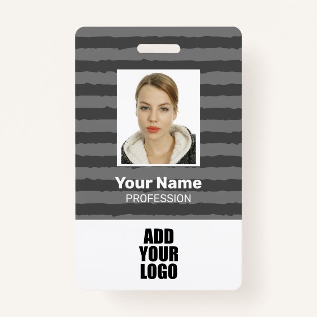 Employee Photo Logo & Barcode Grey Stripes  Badge (Front)
