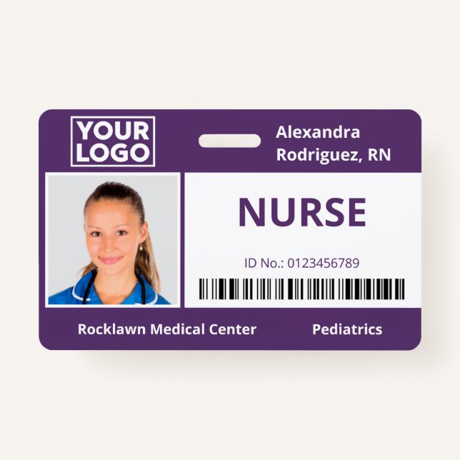 Employee Photo Logo Barcode Purple Hospital ID Badge (Front)