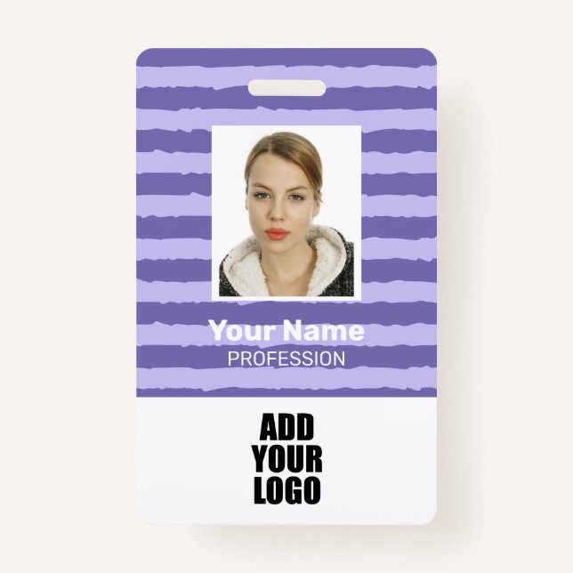 Employee Photo Logo & Barcode Purple Stripes ID Badge (Front)