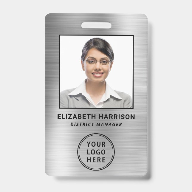 Employee Photo Logo QR Bar Codes Silver Badge (Front)