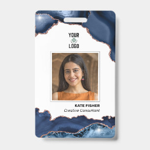 Employee Photo Modern Navy Blue Rose Gold Agate Badge