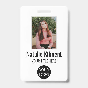 Employee Photo Name Logo Bar Code Black and White Badge