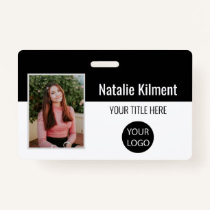 Employee Photo Name Logo Bar Code Black and White Badge