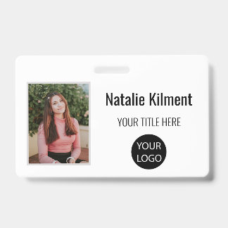Employee Photo Name Logo Bar Code Black and White Badge