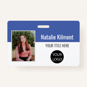 Employee Photo Name Logo Bar Code Blue and White Badge