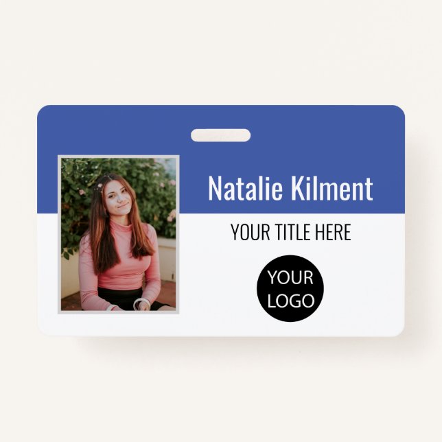 Employee Photo Name Logo Bar Code Blue and White Badge (Front)
