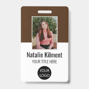 Employee Photo Name Logo Bar Code Brown and White Badge