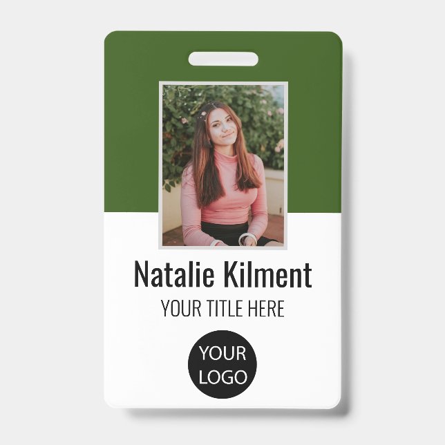 Employee Photo Name Logo Bar Code Forest Green Badge (Front)