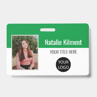 Employee Photo Name Logo Bar Code Green and White Badge