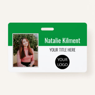 Employee Photo Name Logo Bar Code Green and White Badge