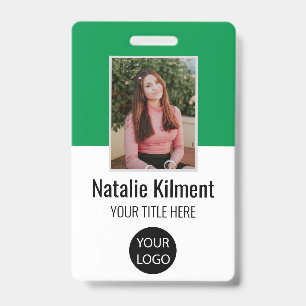 Employee Photo Name Logo Bar Code Green and White Badge