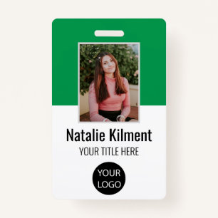 Employee Photo Name Logo Bar Code Green and White Badge