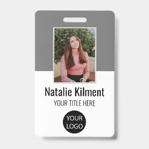 Employee Photo Name Logo Bar Code Grey and White Badge