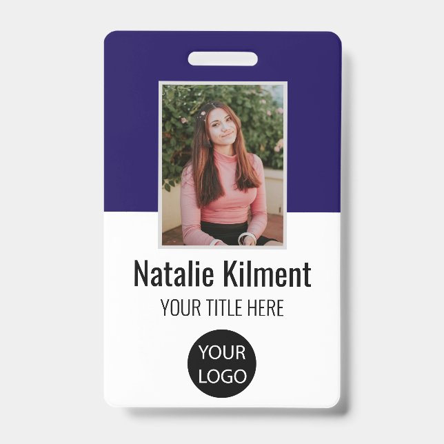 Employee Photo Name Logo Bar Code Navy Blue Badge (Front)