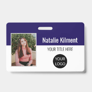 Employee Photo Name Logo Bar Code Navy Blue White Badge