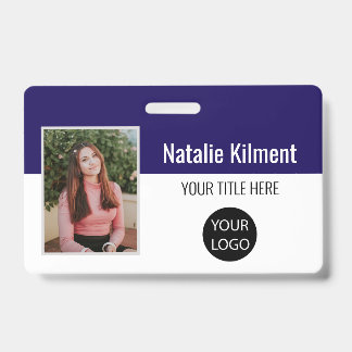 Employee Photo Name Logo Bar Code Navy Blue White Badge