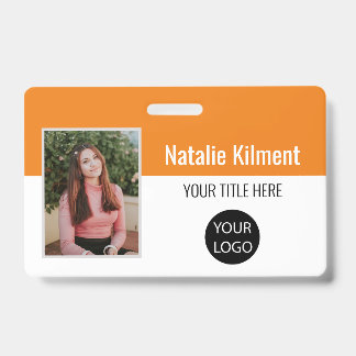 Employee Photo Name Logo Bar Code Orange and White Badge
